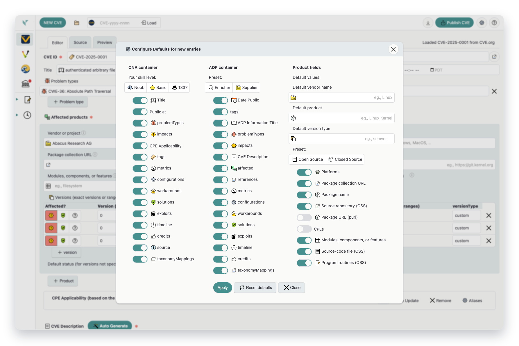 Vulnogram settings dialog for configuring default CNA, ADP, and product fields for new entries