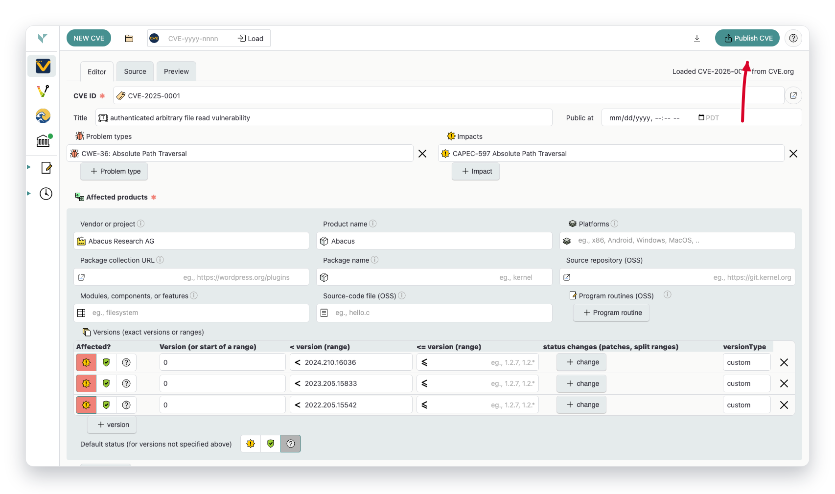 Vulnogram header with Publish CVE action