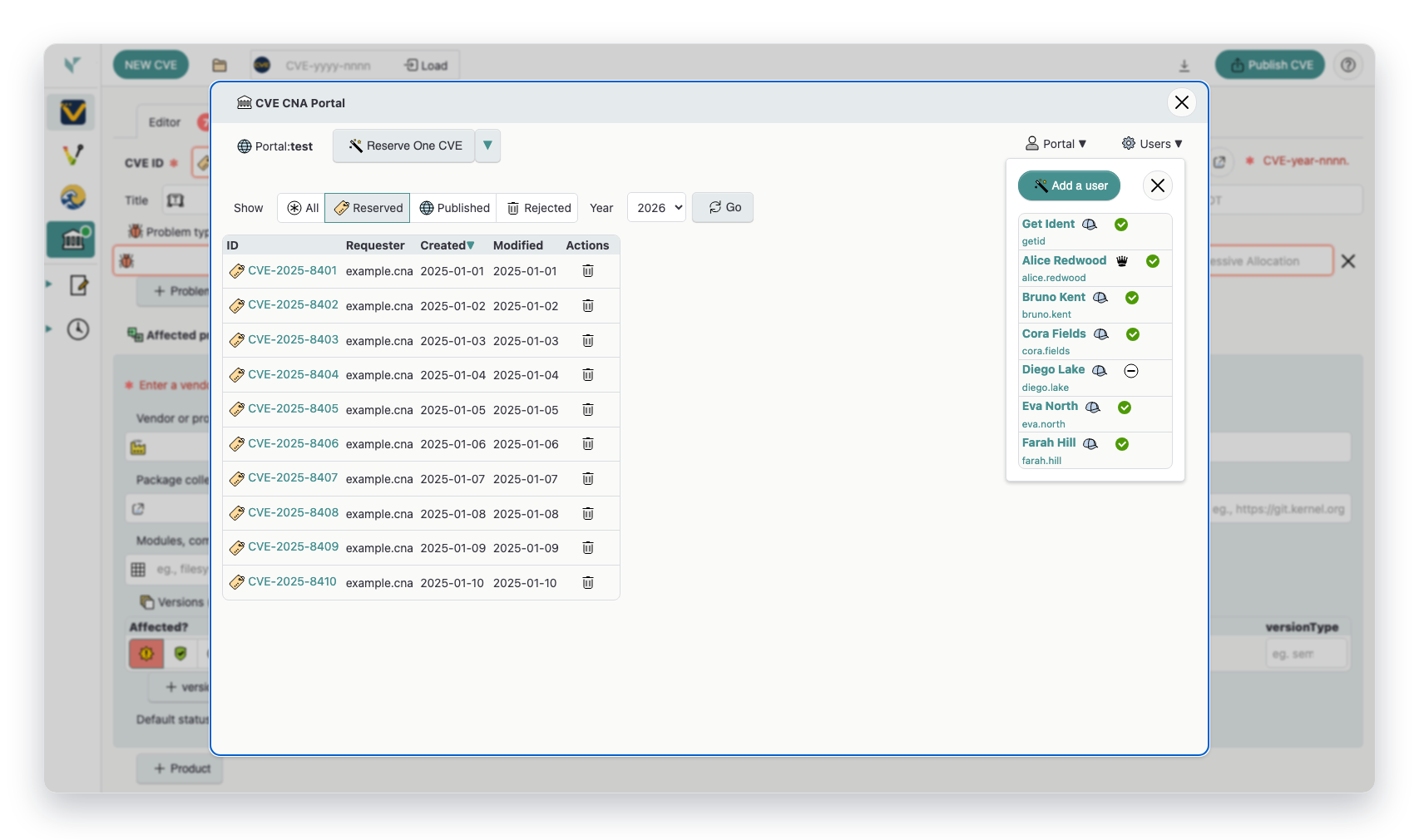 CVE Portal user management popup in Vulnogram