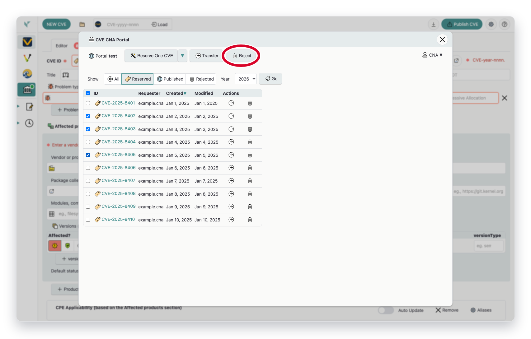 CVE list in Vulnogram portal with several IDs selected via checkboxes and the bulk Reject button highlighted