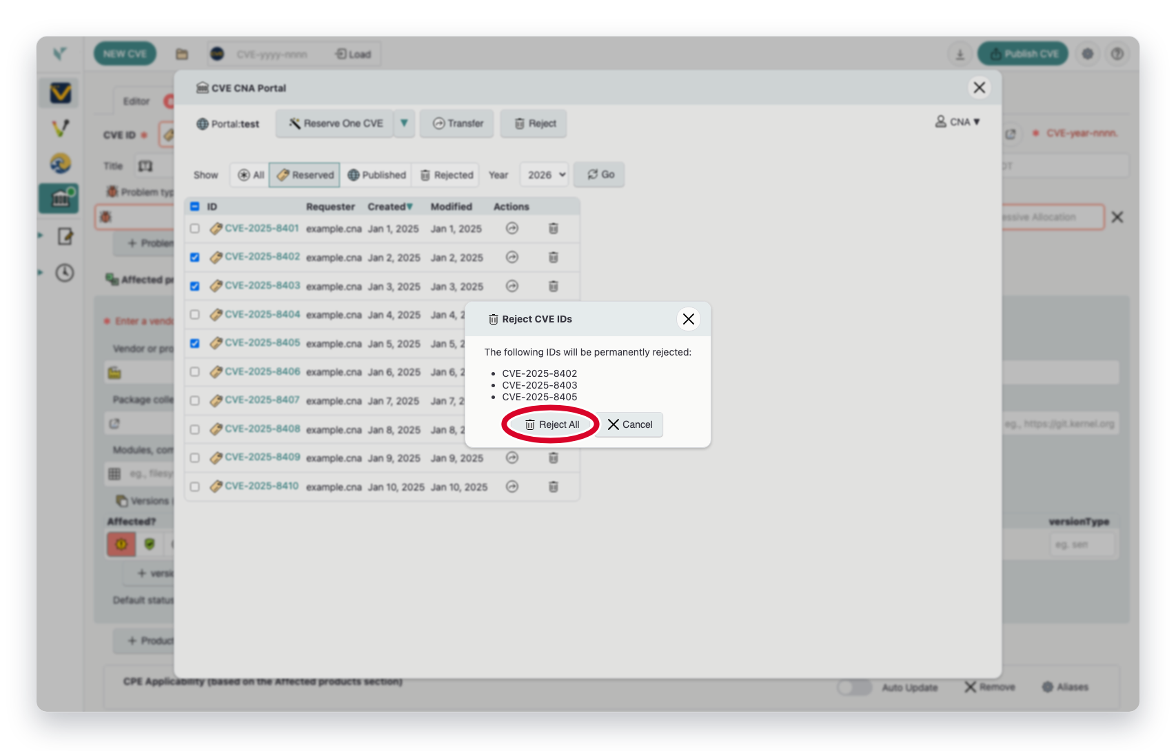 Bulk reject confirmation dialog in Vulnogram listing the selected CVE IDs with the Reject All button highlighted