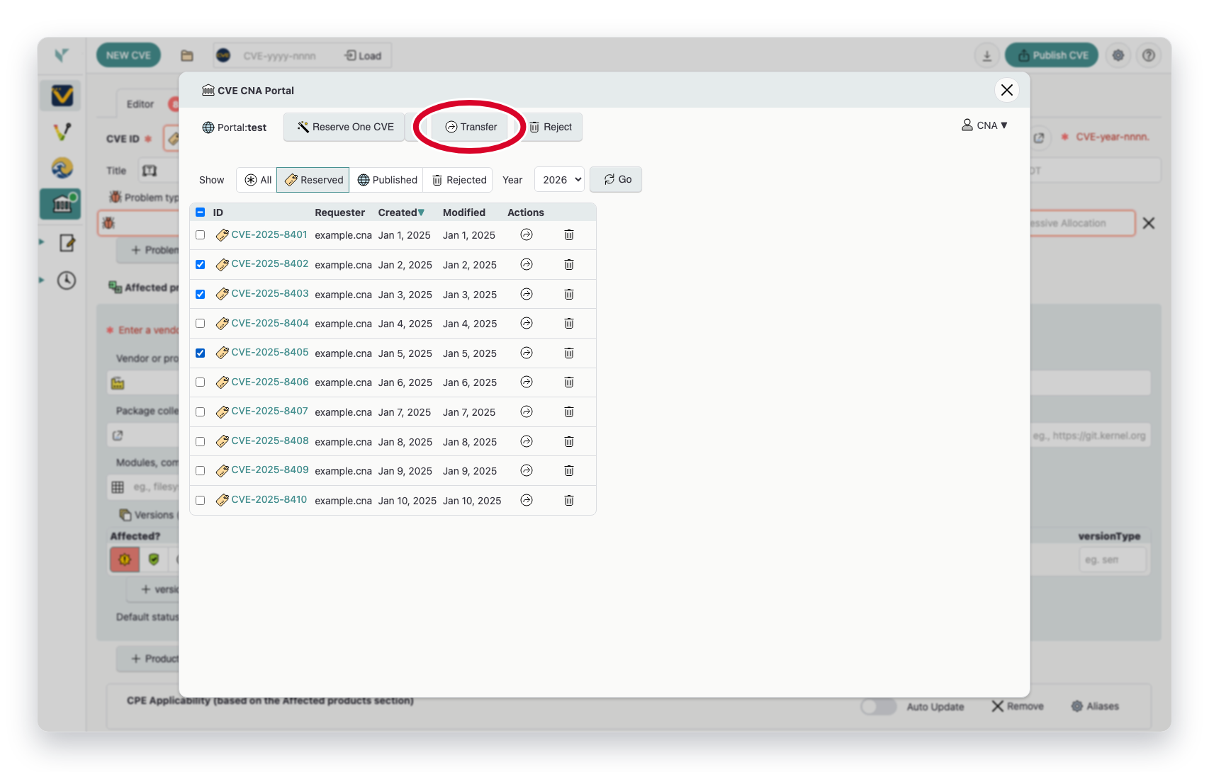CVE list in Vulnogram portal with several IDs selected and the bulk Transfer button highlighted