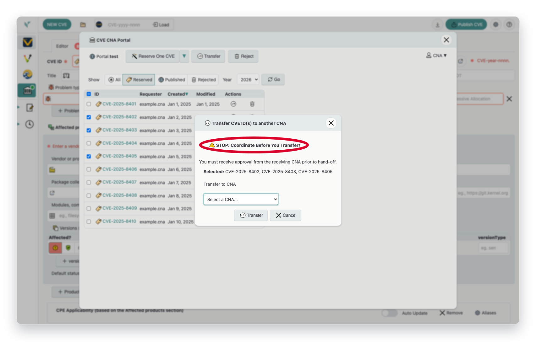 Transfer CVE ID dialog in Vulnogram with the coordinate-before-you-transfer warning highlighted and a CNA selection dropdown